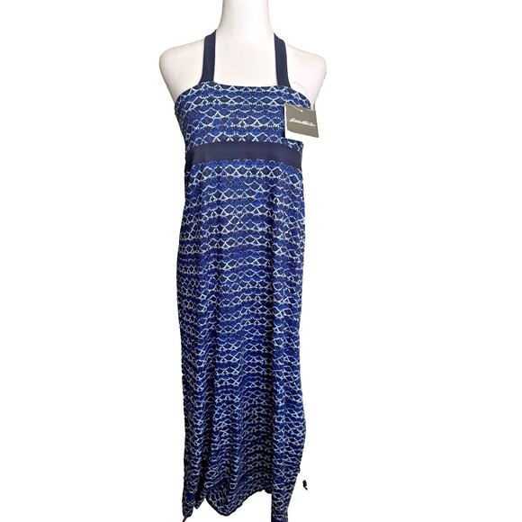 Eddie Bauer, Size Petite L , Women's Navy Print Maxi Dress, Cross Back, Aster - Picture 1 of 6